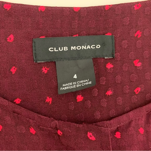 Club Monaco Dress Burgundy Belted Dots Sz 4 Midi Length Flared Skirt Classic - Picture 8 of 11